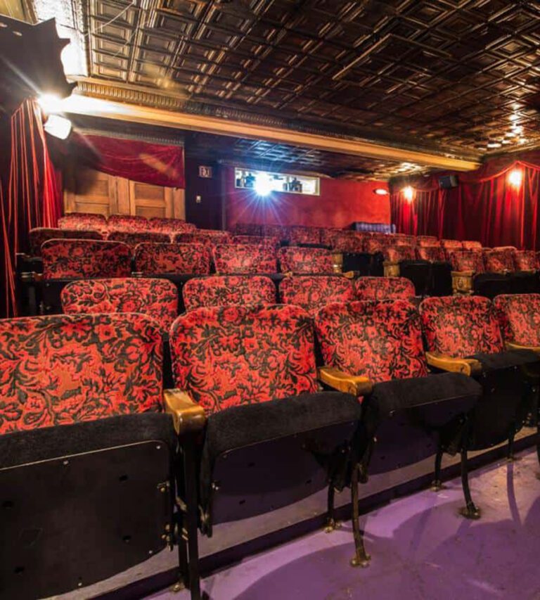 Interior of the Grand Cinema's signature red velvet floral seats