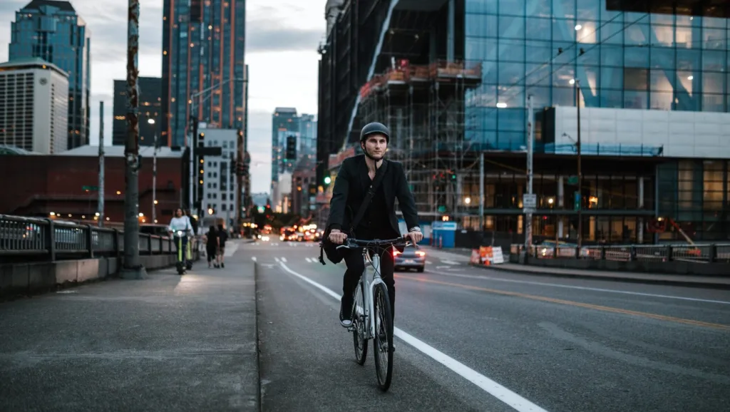 A business man wearing a blazer rides his bicycle through the city streets of Seattle, Washington, USA. He carries work items in a messenger bag slung over his shoulder. An environmentally friendly and healthy way to commute to work: sustainable lifestyle.