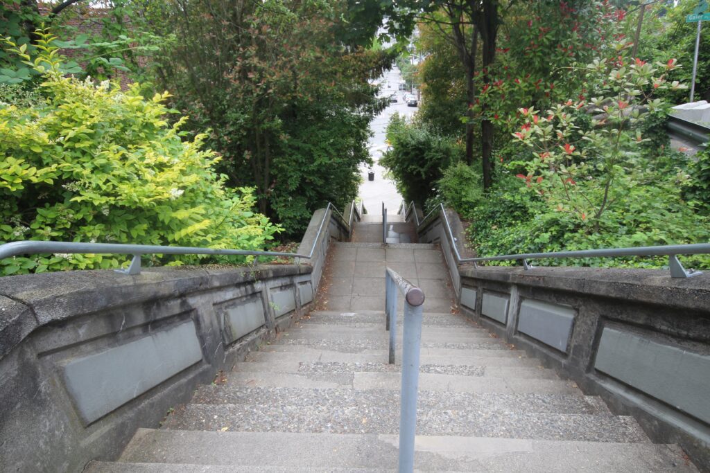 A long flight of stairs in grassy Queen Anne Hill