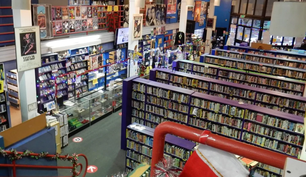 A view of the interior of Scarecrow Video from the second floor. There are over 140,000 DVDs and VHS tapes.