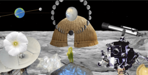 A collage showing different iconography on the moon: a dome, a flower, space equipment