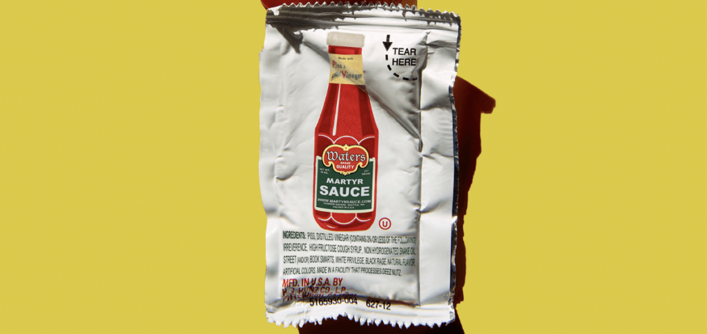 A logo for Martyr Sauce, featuring text that says "Martyr Sauce" and an exploding ketchup package