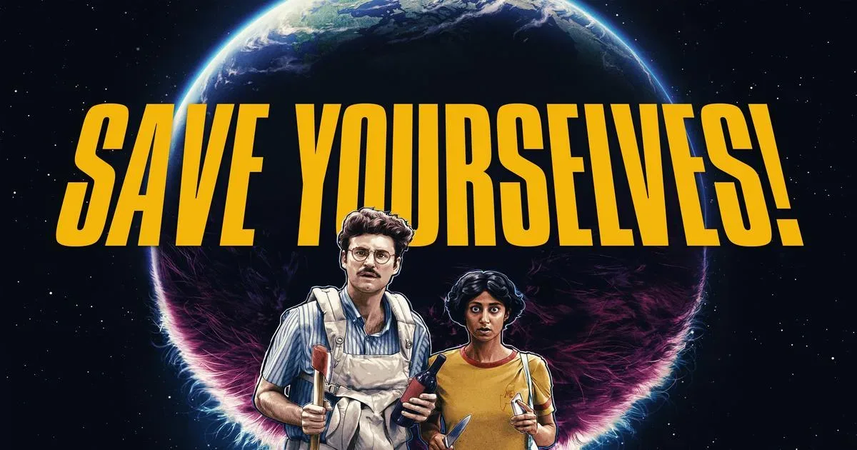 A promo image for Save Yourselves, a Hulu movie starring John Reynolds and Sunita Mani.