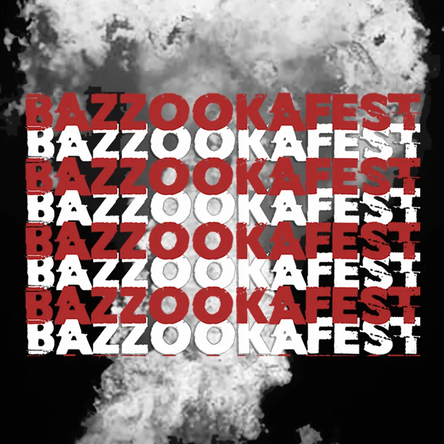 A logo for Bazzookafest featuring the name of the event multiple times in descending order in red and white with smoke in the background