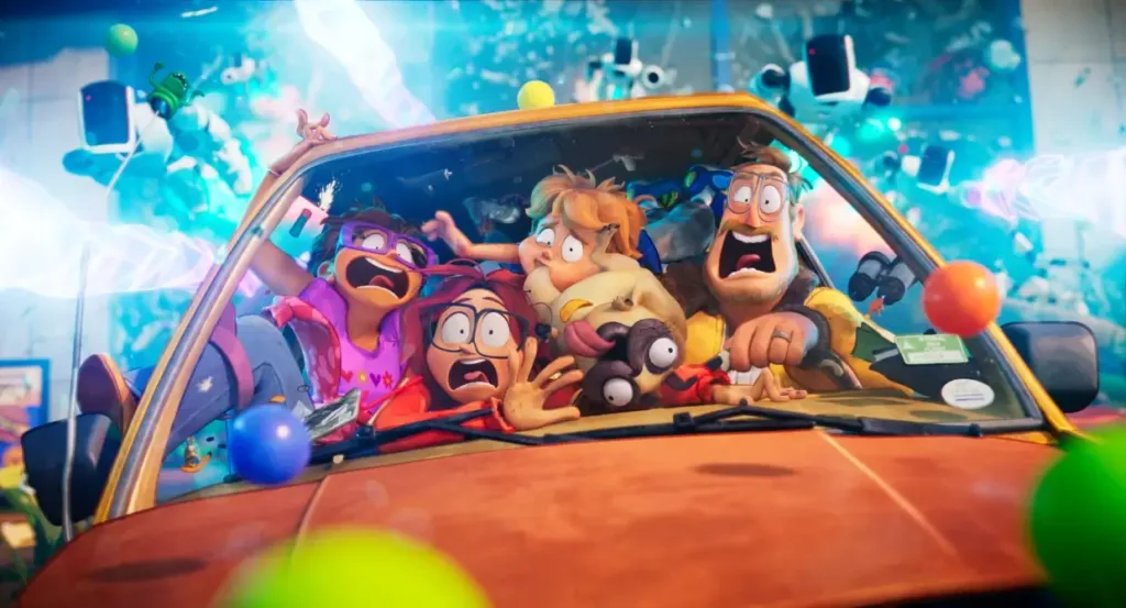 A screenshot of a colorful family bursting through an animated wall in a car