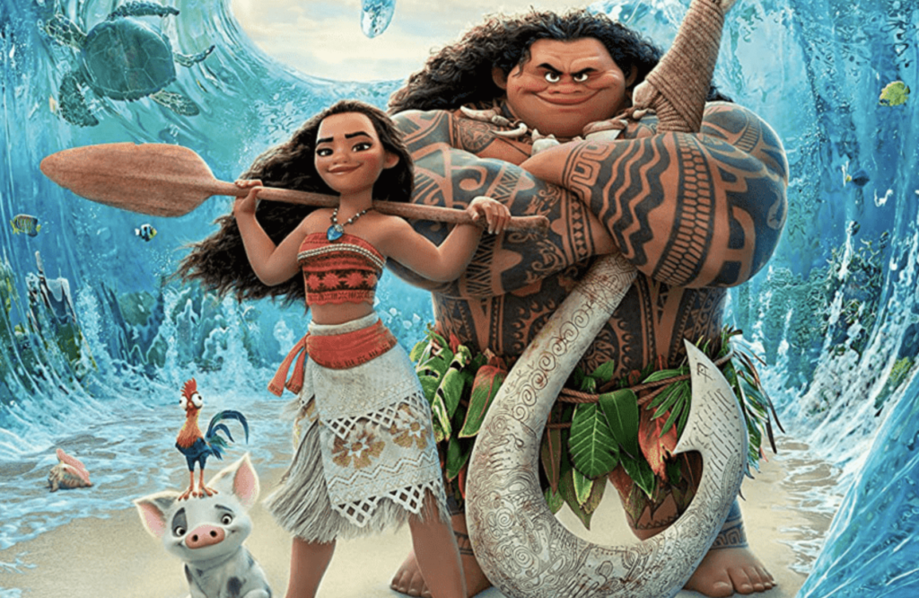 A cover for Moana featuring the main characters and a soaring wave behind them