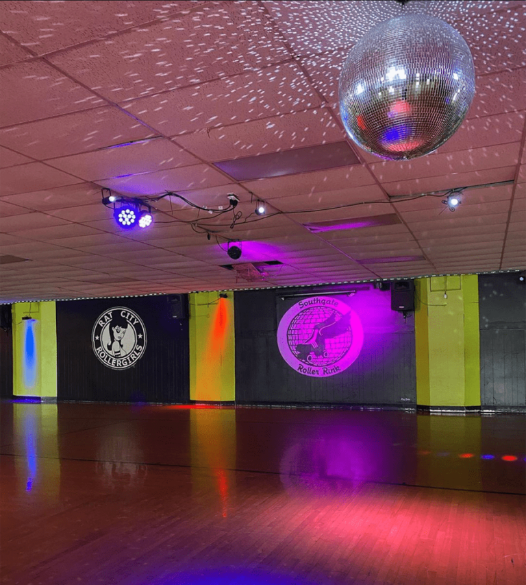 Interior of Southgate Roller Rink with iconic disco ball