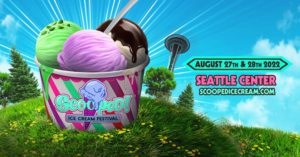 A promo image for Scooped Ice Cream Festival featuring a giant cup of ice cream with the Space Needle in the background