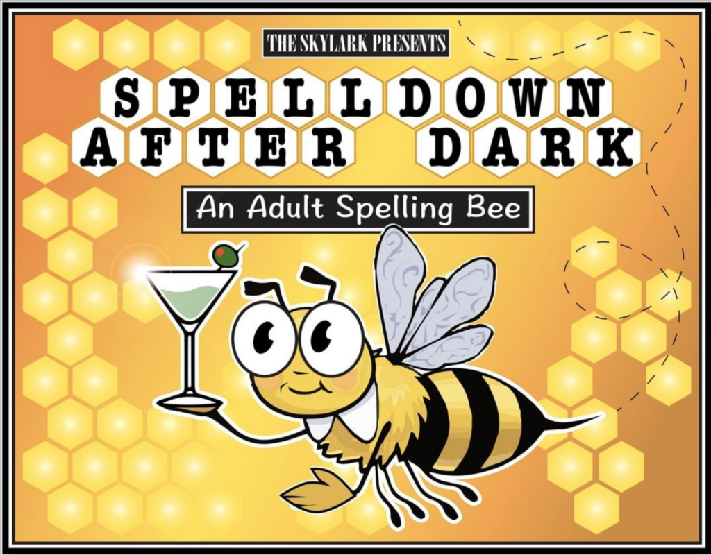 Spelldown After Dark poster with a bee holding a cocktail glass