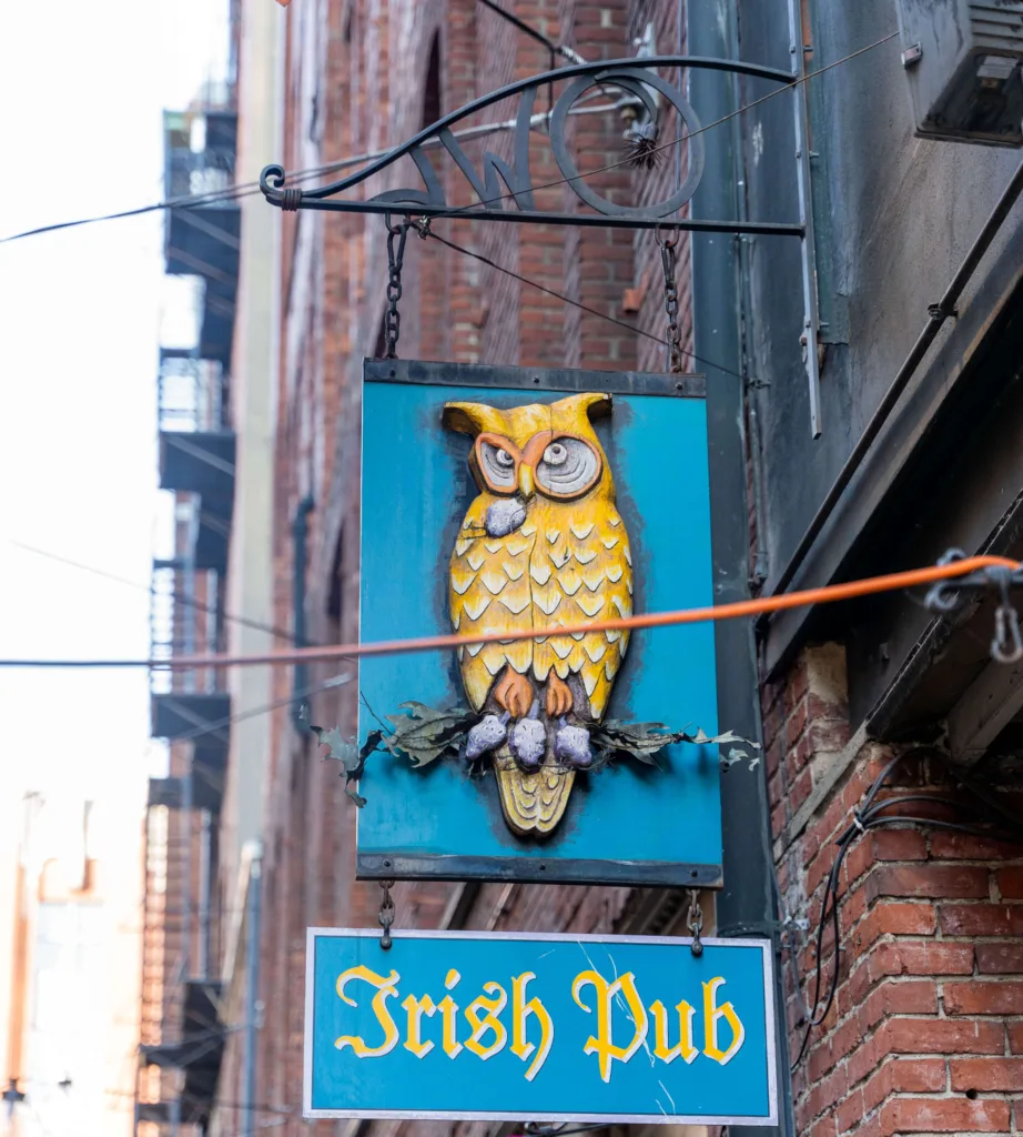 The exterior sign of the Owl N’ Thistle Pub. A yellow horned owl lays against a bright blue sign.