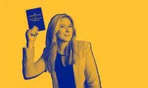 Yellow graphic photo of Heidi Schreck, main character of What the Constitution Means to Me