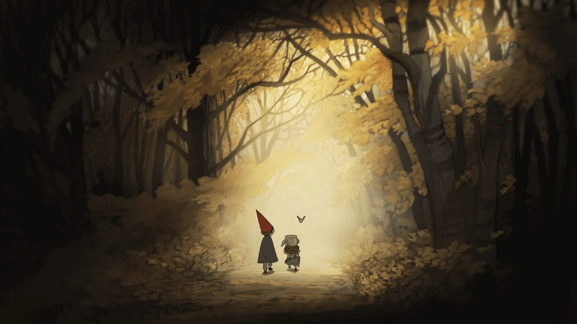 Two animated creatures walk through a gorgeously animated fall setting