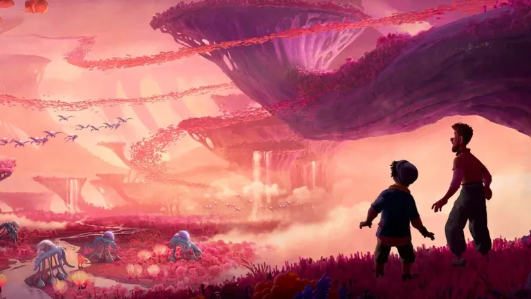 A still from the upcoming Disney movie Strange World featuring two characters in the foreground staring at a bright, pink, strange world with fantastical beasts