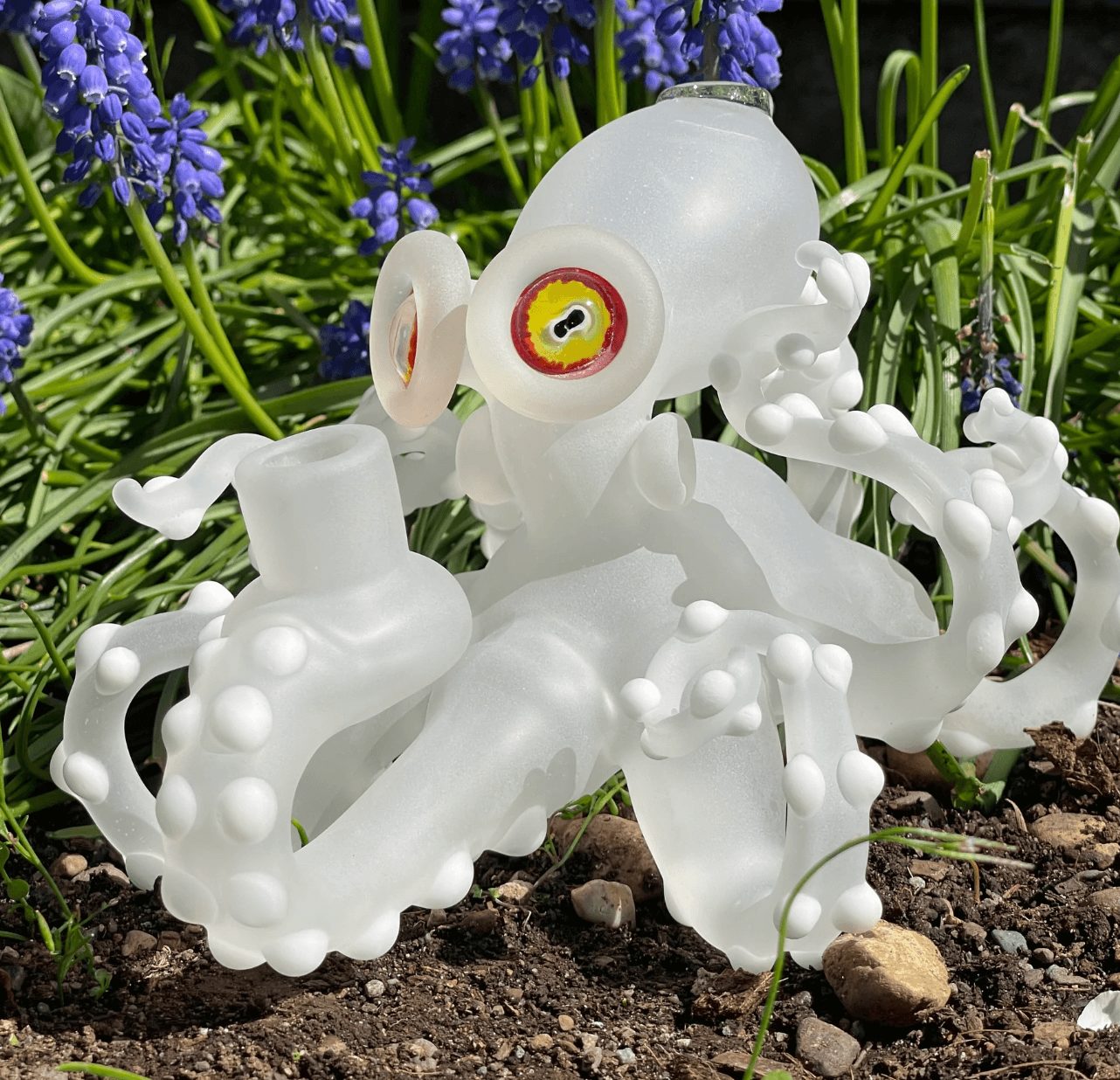 A glass Octopus Water Rig. It features smooth sandblasted glass, detailed eight legs, and mesmerizing eyes.