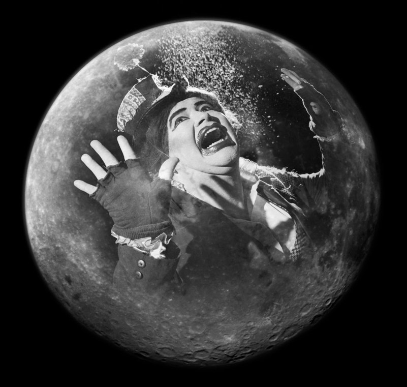 Dina Martina "trapped" in the moon. Picture is in black and white