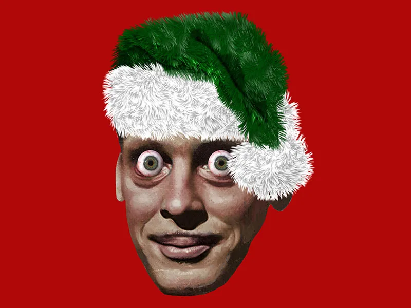 A collaged photo of John Waters in a Christmas hat. His eyes are very wide and red.