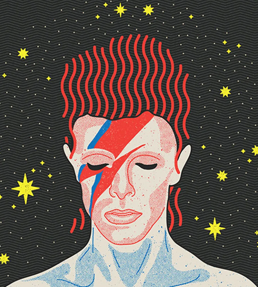 An illustration of Ziggy Stardust-era David Bowie, with eyes bowed down and stars around his head