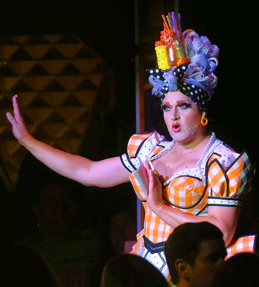 The actor Kevin Kent in drag in a production image for Teatro ZinZanni's new show, Coming Home