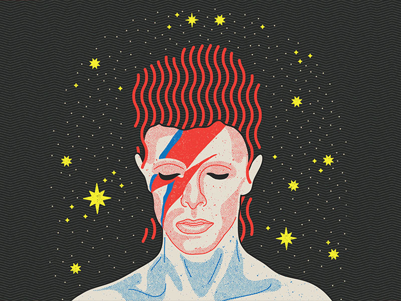 An illustration of Ziggy Stardust-era David Bowie, with eyes bowed down and stars around his head