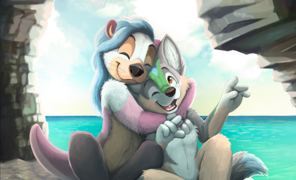 The two mascots of Anthro Northwest, Andy the wolf and Cove the otter hug each other by the water.