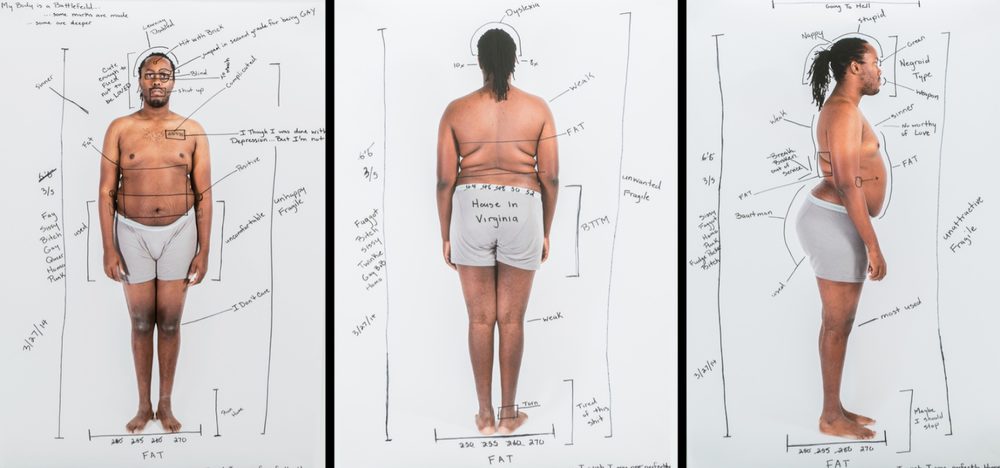A photo from the exhibit "I Wish I Was Perfectly Happy," of the artist Darryl DeAngelo Terrell in white underwear with surgeon marks and notes on three rotational views.