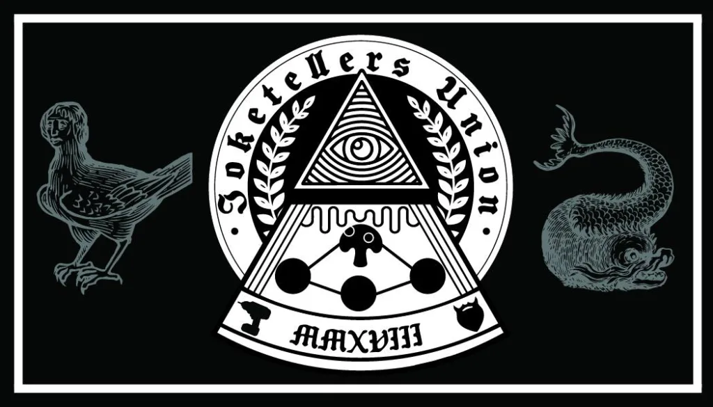 A logo for Joketellers Union, featuring what looks like a pizza and an illuminati symbol