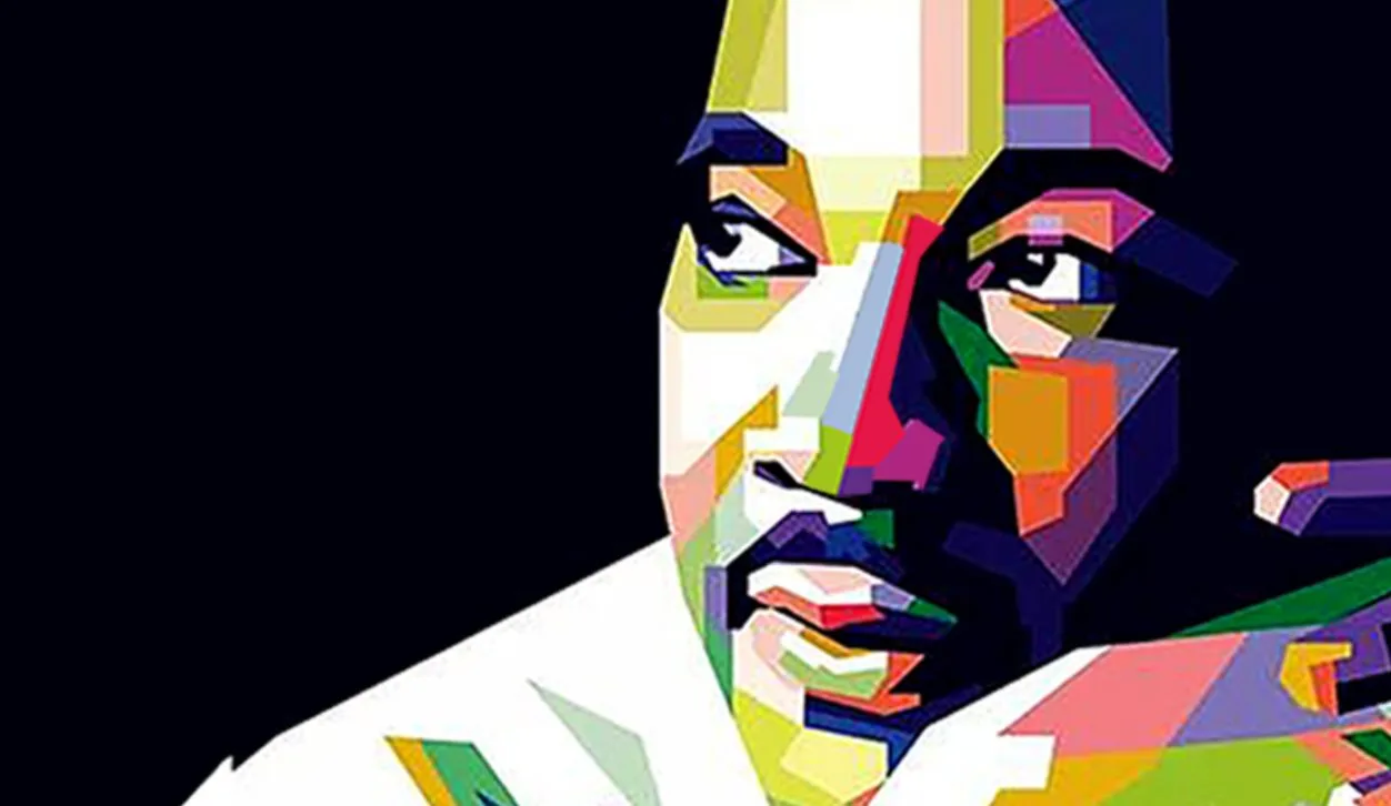 A mosaic portrait of MLK looking into the distance