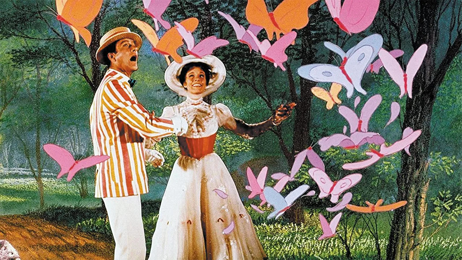 Julie Andrews and Dick Van Dyke singing amongst animated, colorful butterflies