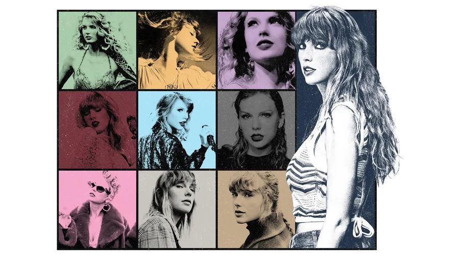 Promotional art of Taylor Swift's Eras Tour with multi-colored photos of her from past albums