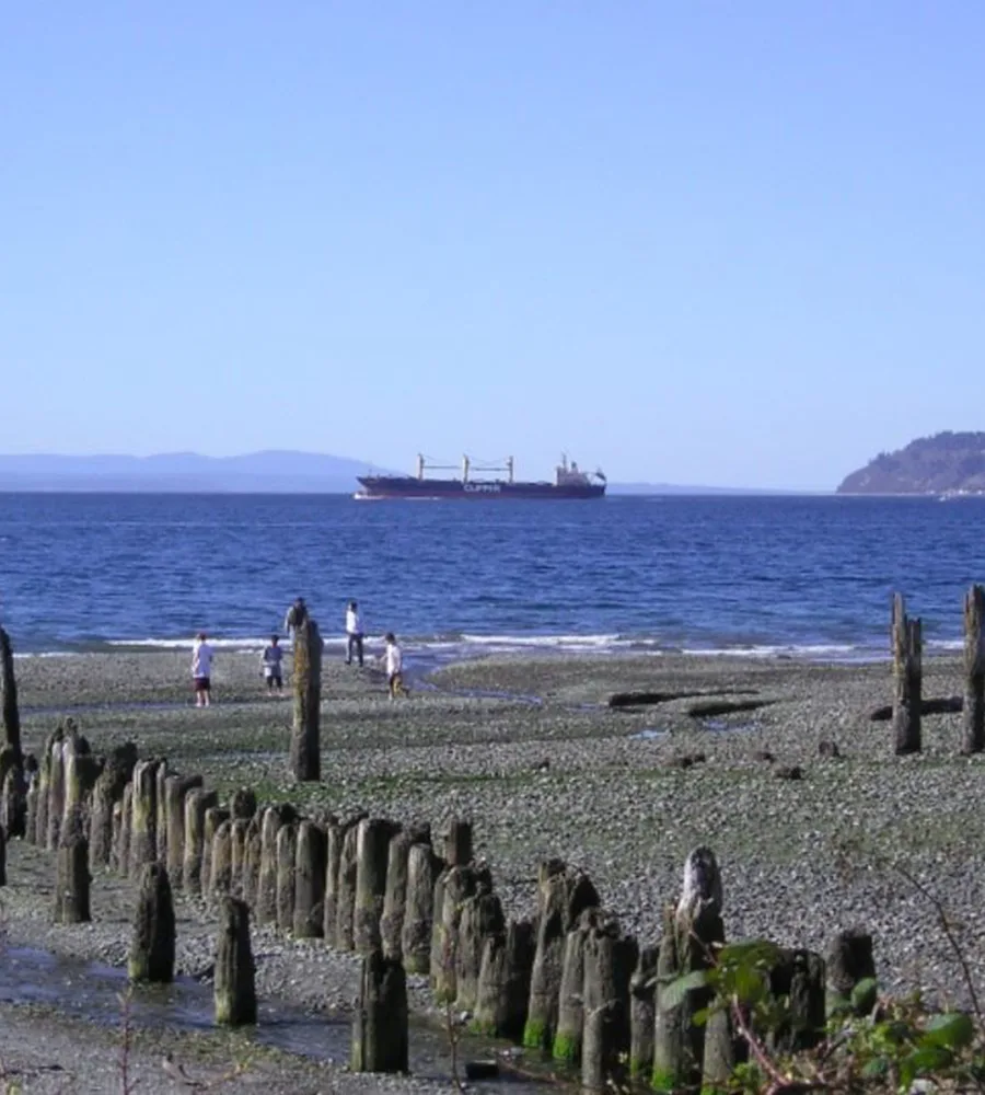 People walk along the rocky beach at Picnic Point Park on a clear day. A boat sails by in the distance.