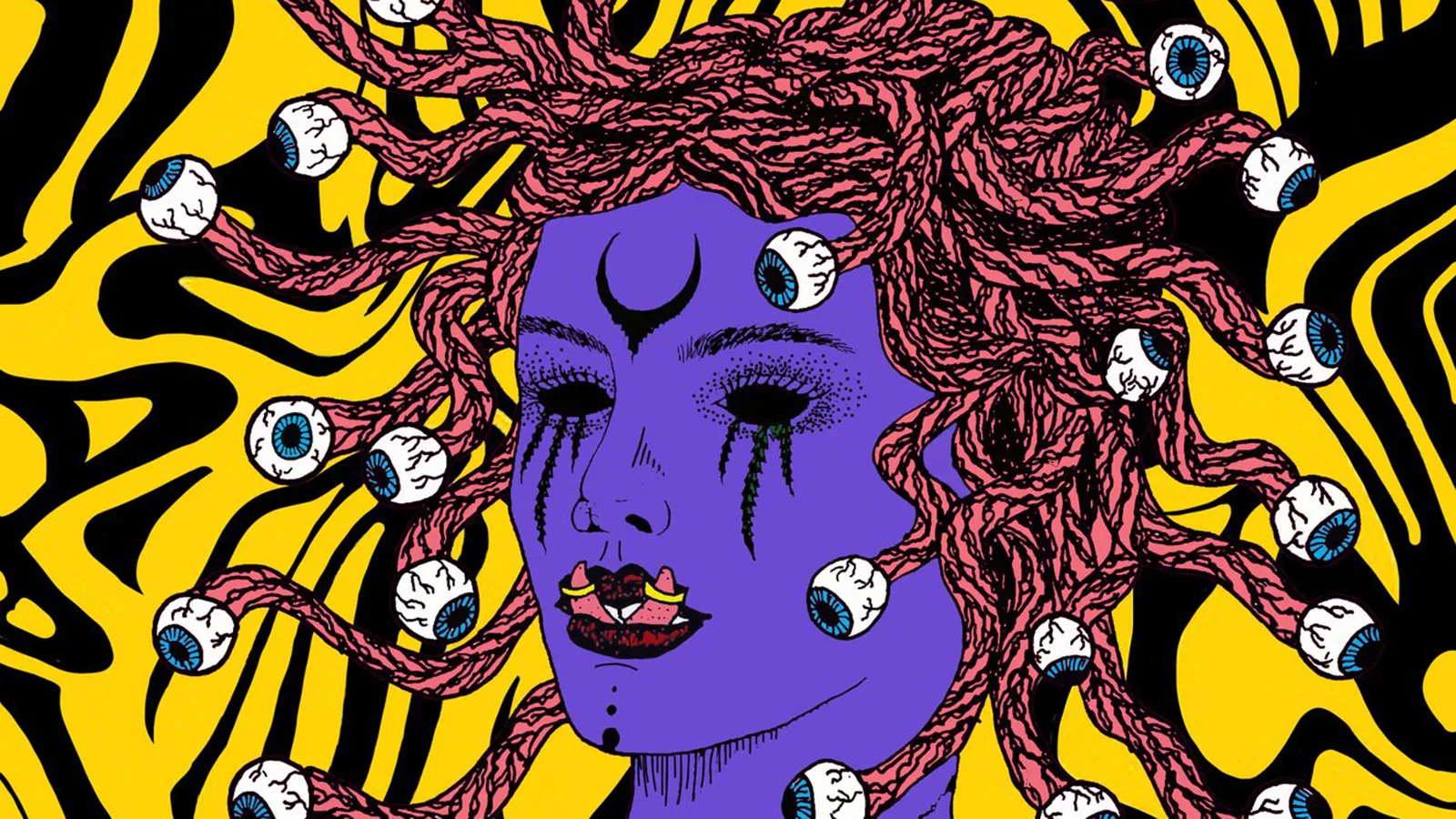 A poster for Crank the Dank. A purple medusa woman with braided hair with eyeballs on the end of each strand and a forked tongue against a black and yellow background
