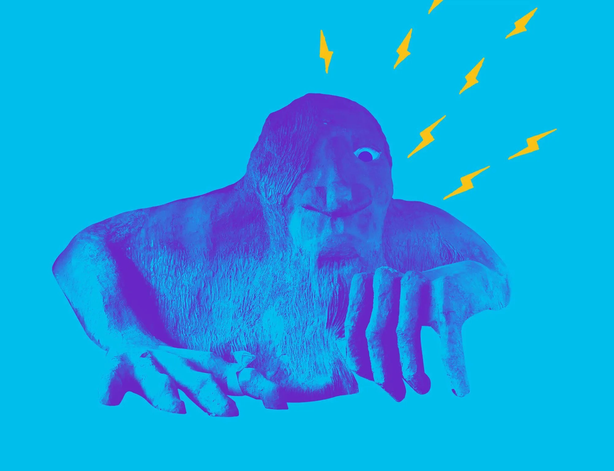 Poster for Lydia and The Troll. It shows the Fremont Troll on a blue background