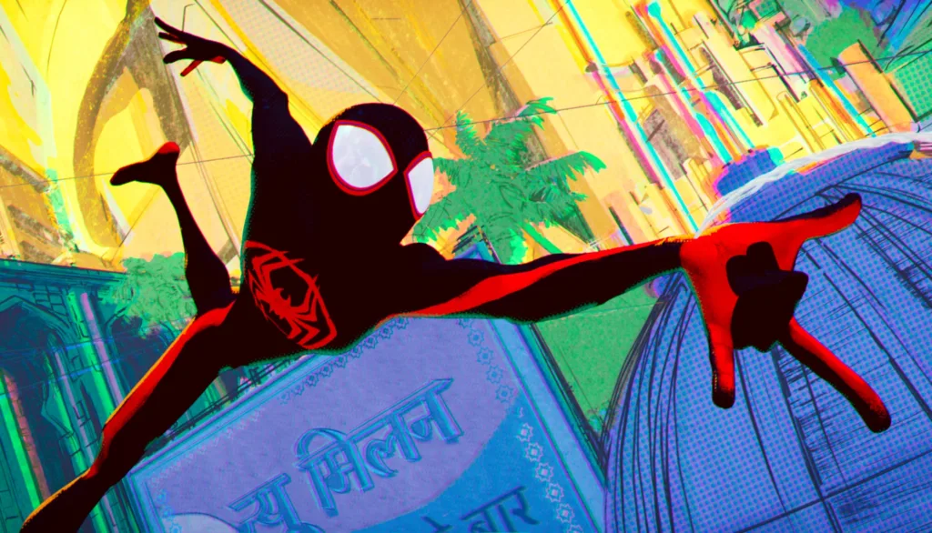 Spiderman jumps across the screen in tropical colors.