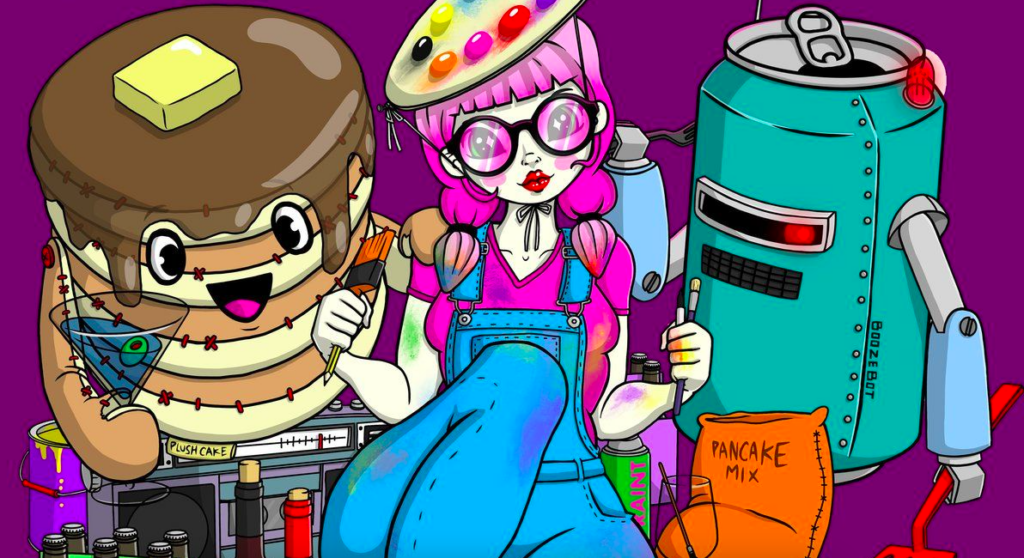A promo image for The Pancakes & Booze Art Show featuring a smiling pancake, art girl, and robot.