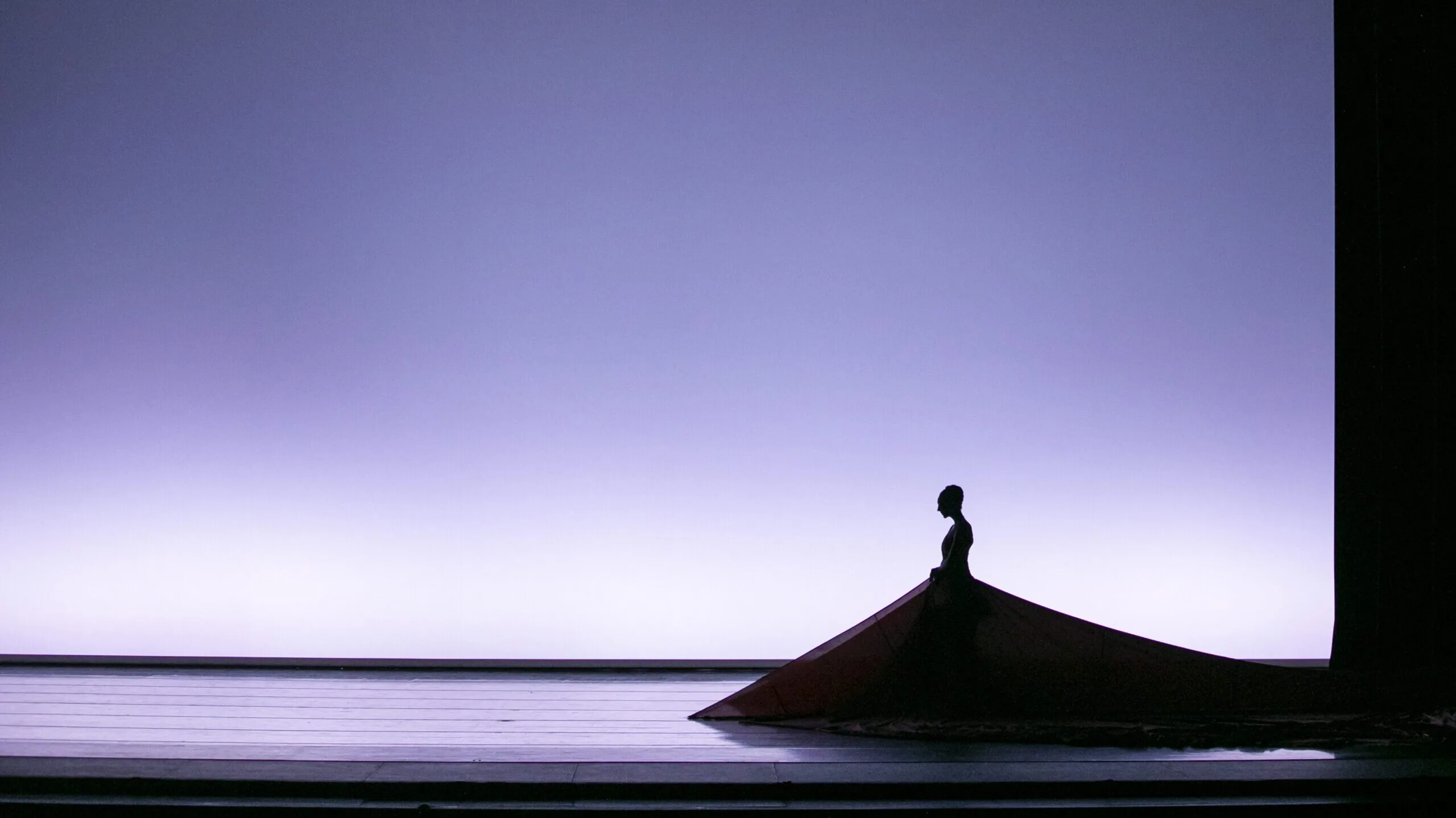 Dancer Laura Tisserand walks across a darkened stage in a magnificent, trailing dress. Only her outline is visible