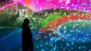 The silhouette of a person is visible in front of an interactive screen at Utopian Garden.