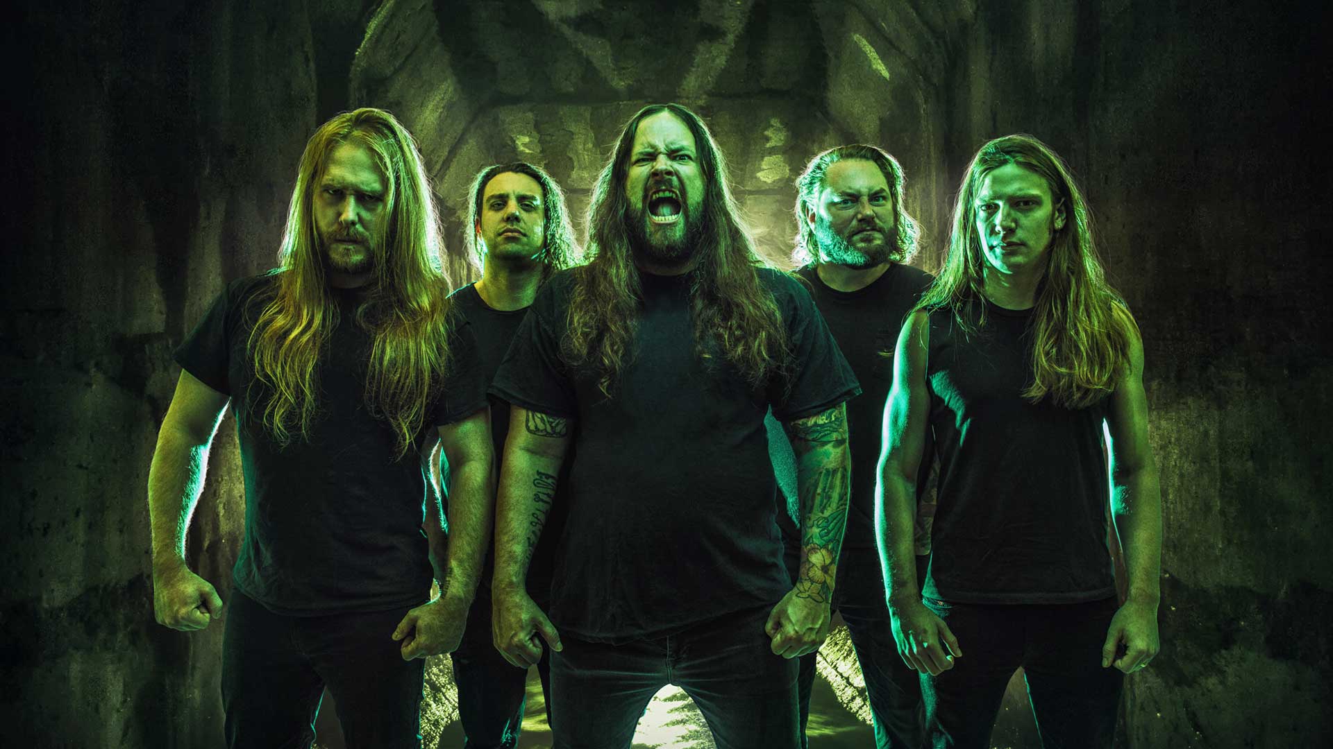 The members of The Black Dahlia Murder pose together with lead vocalist Trevor Strnad