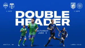 The promo image for a rare double header featuring OL Reign and Sounders