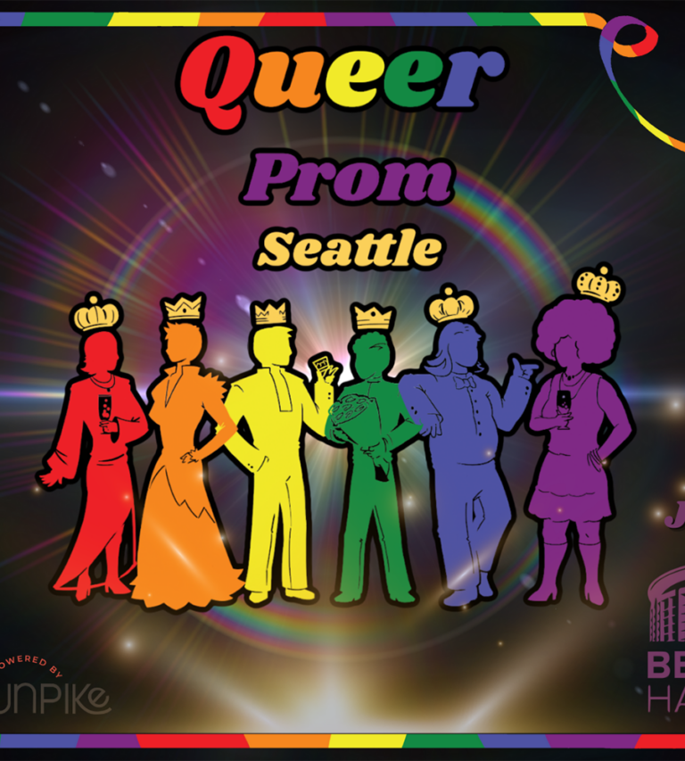 Queer Prom poster. The shapes of people of different colors of the rainbow stand together side by side.