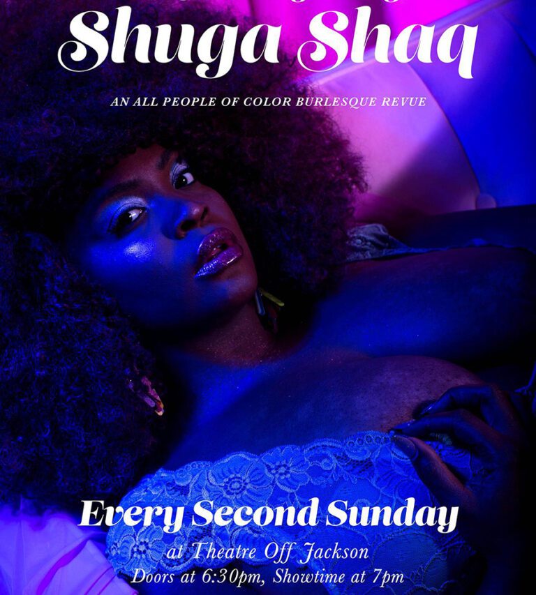 The poster for Sunday Night Suga Shaq. Ms. Briq House reclines on a surface and is lit by blue purplish light