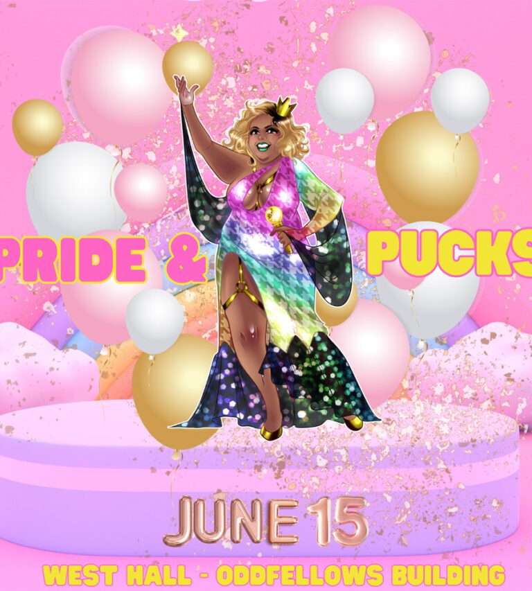 The poster for Pride & Pucks. A cartoon drawing of a smiling Pucks stands on a pink stage and throws glitter