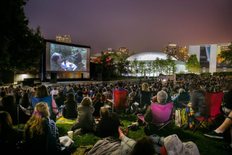 A crowd watched The Princess Bride in the evening at the Mural at Seattle Center