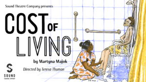 A promo image for Cost of Living featuring an illustration of someone giving another person a shower.