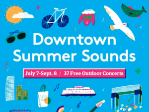 Downtown Summer Sounds flyer with cute, Seattle area graphics