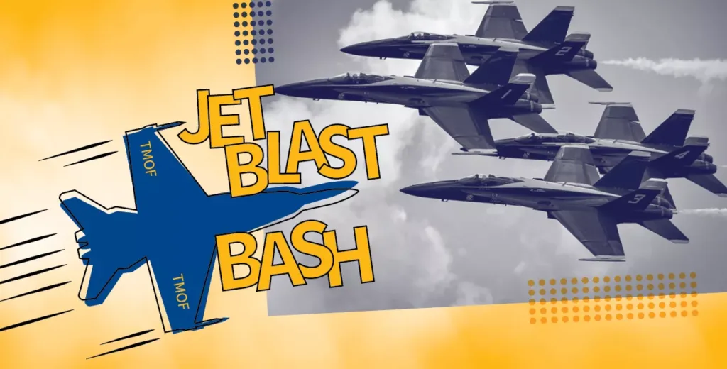 A cover image for the Jet Blast Bash, featuring the Blue Angels in the background and text that says "Jet Blast Bash" (2023) in the foreground