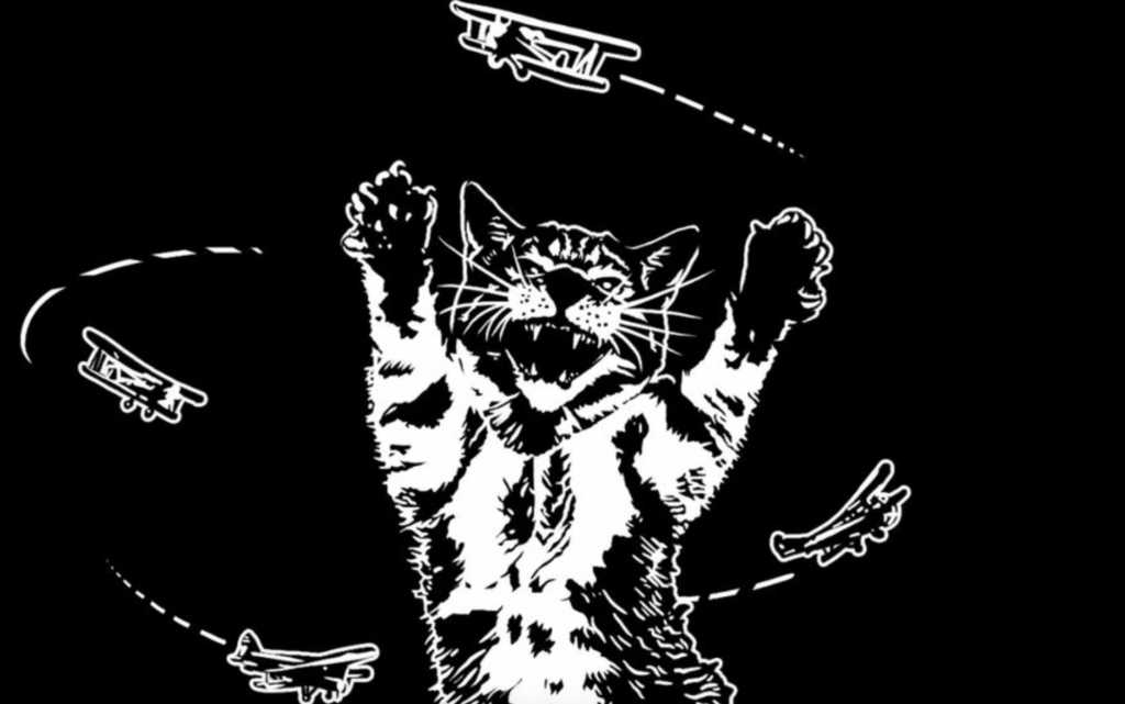 An illustration of a little baby cat jumps and tries to attack planes