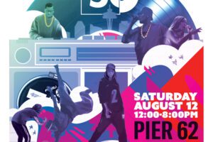 A poster of Hip Hop 50 with multicolored figures breakdancing, singing, DJing, and MCing