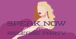 A promo image for SPEAK NOW, featuring an illustrated Taylor Swift against a purple background.