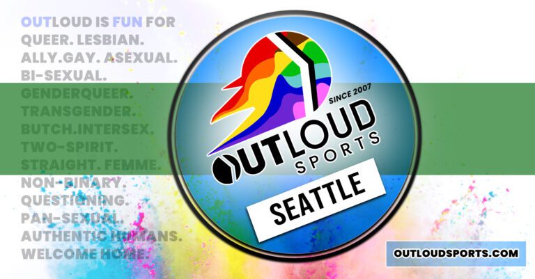 The logo for OUTLoud Sports Seattle, featuring a sports ball with rainbow colors.