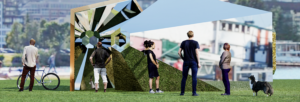 A rendering of the Seattle Design Festival's upcoming "Giggle Prism" installation at Lake Union Park. It's a large mirrored structure with people looking into it and at themselves.